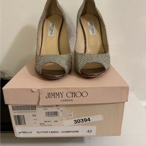Jimmy Choo Champagne Glitter Peep-Toe Heels